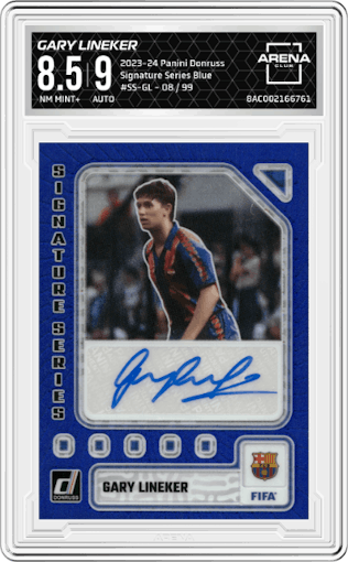 Gary Lineker from the 2023-24 Panini Donruss set featuring a Blue parallel graded by Arena Club and given an overall grade of 8.5.