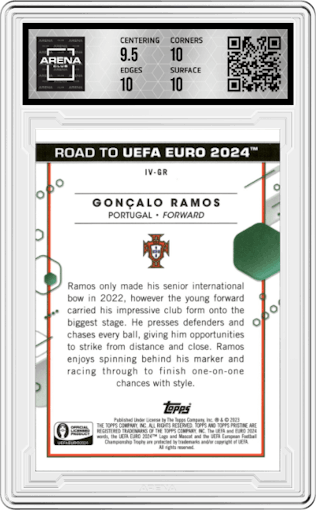 Goncalo Ramos  from the 2023 Topps Pristine Road To Euro 2024 set featuring a Gold Refractor parallel graded by Arena Club and given an overall grade of 10.