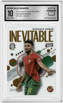 Goncalo Ramos  from the 2023 Topps Pristine Road To Euro 2024 set featuring a Gold Refractor parallel graded by Arena Club and given an overall grade of 10.