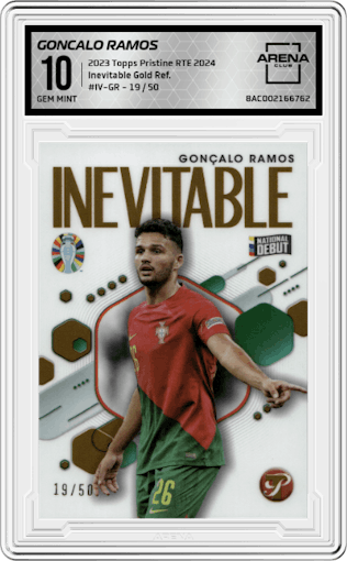 Goncalo Ramos  from the 2023 Topps Pristine Road To Euro 2024 set featuring a Gold Refractor parallel graded by Arena Club and given an overall grade of 10.