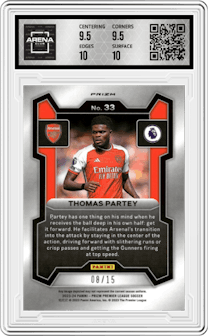 Thomas Partey from the 2023-24 Panini Prizm Premier League set featuring a Choice Zebra parallel graded by Arena Club and given an overall grade of 10.
