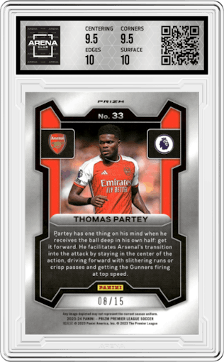 Thomas Partey from the 2023-24 Panini Prizm Premier League set featuring a Choice Zebra parallel graded by Arena Club and given an overall grade of 10.