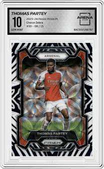 Thomas Partey from the 2023-24 Panini Prizm Premier League set featuring a Choice Zebra parallel graded by Arena Club and given an overall grade of 10.