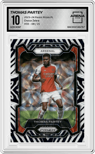 Thomas Partey from the 2023-24 Panini Prizm Premier League set featuring a Choice Zebra parallel graded by Arena Club and given an overall grade of 10.