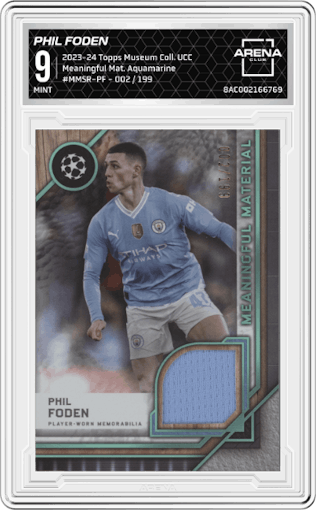 Phil Foden from the 2023-24 Topps Museum Collection UEFA Club Competitions set featuring a Aquamarine parallel graded by Arena Club and given an overall grade of 9.