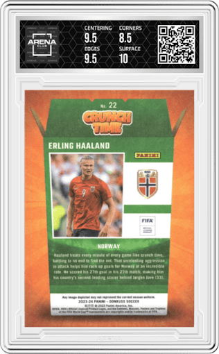 Erling Haaland from the 2023-24 Panini Donruss set featuring a Red parallel graded by Arena Club and given an overall grade of 9.