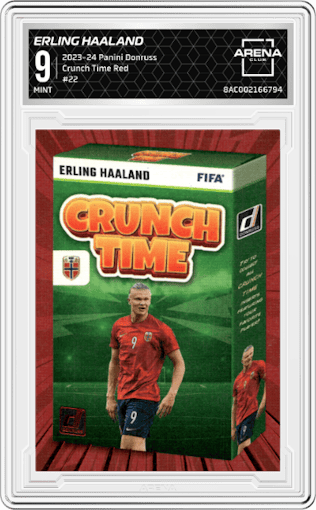 Erling Haaland from the 2023-24 Panini Donruss set featuring a Red parallel graded by Arena Club and given an overall grade of 9.