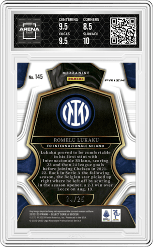 Romelu Lukaku from the 2022-23 Panini Select Serie A set featuring a Tie-Dye parallel graded by Arena Club and given an overall grade of 9.