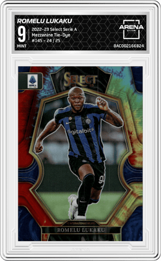 Romelu Lukaku from the 2022-23 Panini Select Serie A set featuring a Tie-Dye parallel graded by Arena Club and given an overall grade of 9.