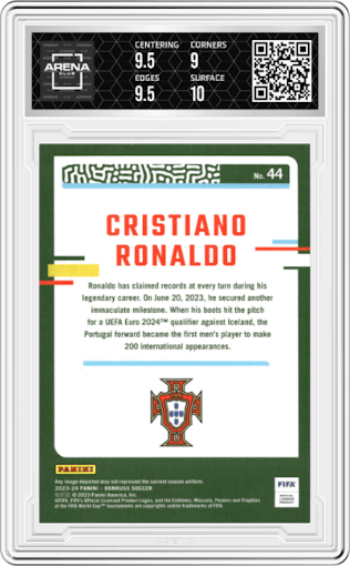 Cristiano Ronaldo from the 2023-24 Panini Donruss set featuring a Cubic parallel graded by Arena Club and given an overall grade of 9.5.
