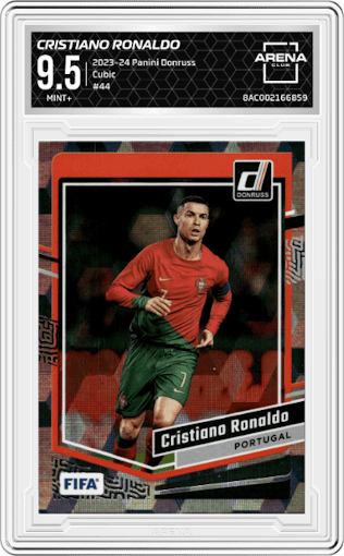 Cristiano Ronaldo from the 2023-24 Panini Donruss set featuring a Cubic parallel graded by Arena Club and given an overall grade of 9.5.