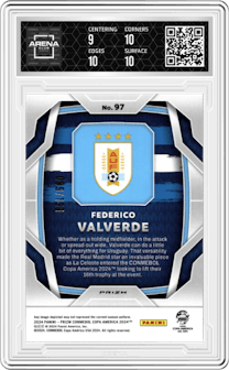 Federico Valverde from the 2024 Panini Prizm CONMEBOL Copa America set featuring a Red parallel graded by Arena Club and given an overall grade of 9.5.