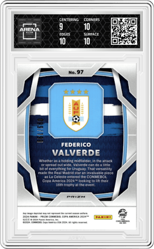 Federico Valverde from the 2024 Panini Prizm CONMEBOL Copa America set featuring a Red parallel graded by Arena Club and given an overall grade of 9.5.