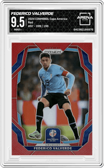 Federico Valverde from the 2024 Panini Prizm CONMEBOL Copa America set featuring a Red parallel graded by Arena Club and given an overall grade of 9.5.