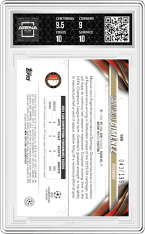 Santiago Gimenez from the 2023-24 Topps UEFA Club Competitions set featuring a Neon Green parallel graded by Arena Club and given an overall grade of 9.5.