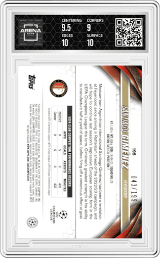 Santiago Gimenez from the 2023-24 Topps UEFA Club Competitions set featuring a Neon Green parallel graded by Arena Club and given an overall grade of 9.5.