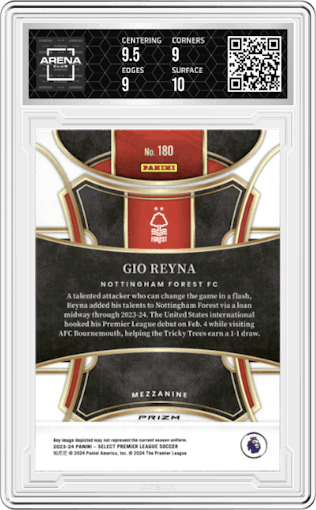 Gio Reyna from the 2023-24 Panini Select Premier League set featuring a Red parallel graded by Arena Club and given an overall grade of 9.5.