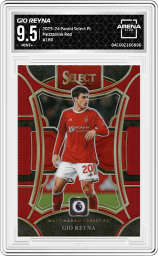 Gio Reyna from the 2023-24 Panini Select Premier League set featuring a Red parallel graded by Arena Club and given an overall grade of 9.5.