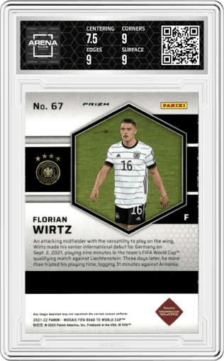 Florian Wirtz from the 2021-22 Panini Mosaic Road to FIFA World Cup set featuring a Mosaic parallel graded by Arena Club and given an overall grade of 8.