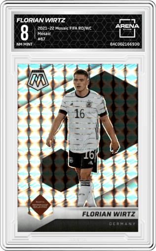 Florian Wirtz from the 2021-22 Panini Mosaic Road to FIFA World Cup set featuring a Mosaic parallel graded by Arena Club and given an overall grade of 8.