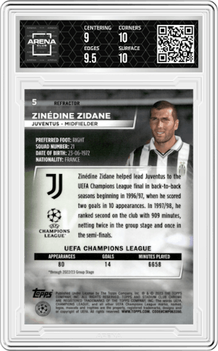 Zinedine Zidane from the 2022-23 Topps Stadium Club Chrome UEFA Club set featuring a Refractor parallel graded by Arena Club and given an overall grade of 9.5.