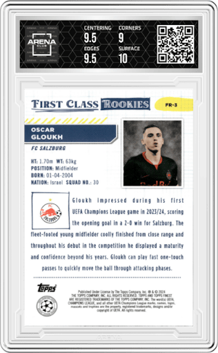 Oscar Gloukh from the 2023-24 Topps Finest UEFA Club Competitions set graded by Arena Club and given an overall grade of 9.5.