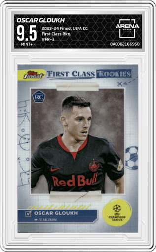Oscar Gloukh from the 2023-24 Topps Finest UEFA Club Competitions set graded by Arena Club and given an overall grade of 9.5.