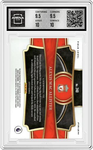 Alexis Mac Allister from the 2023-24 Panini Select Premier League set featuring a Red Prizm parallel graded by Arena Club and given an overall grade of 10.