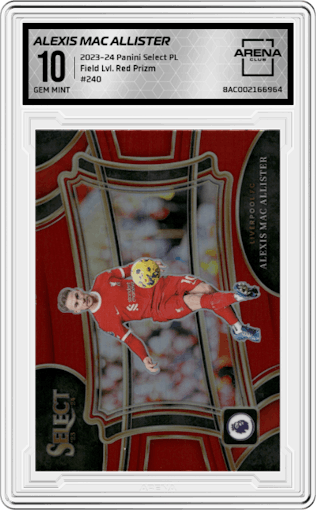 Alexis Mac Allister from the 2023-24 Panini Select Premier League set featuring a Red Prizm parallel graded by Arena Club and given an overall grade of 10.