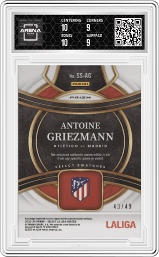 Antoine Griezmann from the 2023-24 Panini Select La Liga set featuring a Purple Prizm parallel graded by Arena Club and given an overall grade of 9.5.