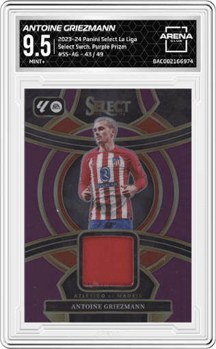 Antoine Griezmann from the 2023-24 Panini Select La Liga set featuring a Purple Prizm parallel graded by Arena Club and given an overall grade of 9.5.