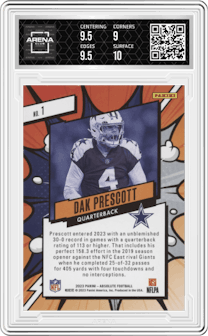 Dak Prescott from the 2023 Panini Absolute set graded by Arena Club and given an overall grade of 9.5.