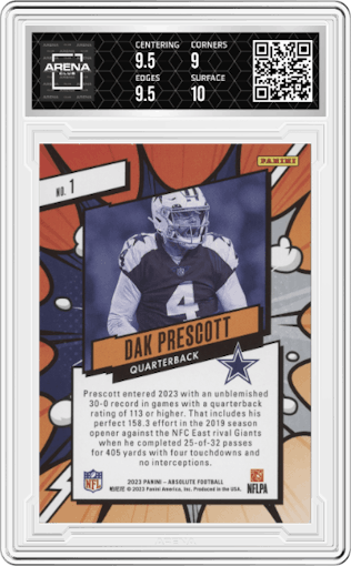 Dak Prescott from the 2023 Panini Absolute set graded by Arena Club and given an overall grade of 9.5.