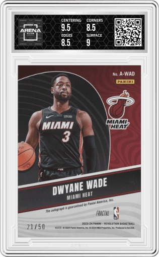 Dwyane Wade from the 2023-24 Panini Revolution set featuring a Fractal parallel graded by Arena Club and given an overall grade of 9.