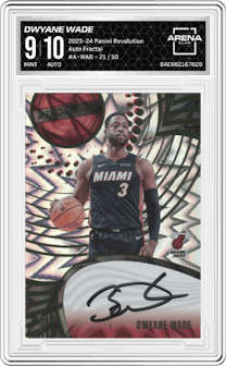 Dwyane Wade from the 2023-24 Panini Revolution set featuring a Fractal parallel graded by Arena Club and given an overall grade of 9.