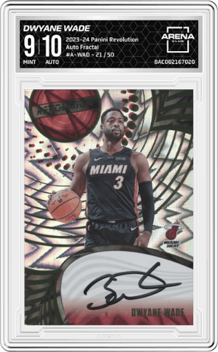 Dwyane Wade from the 2023-24 Panini Revolution set featuring a Fractal parallel graded by Arena Club and given an overall grade of 9.