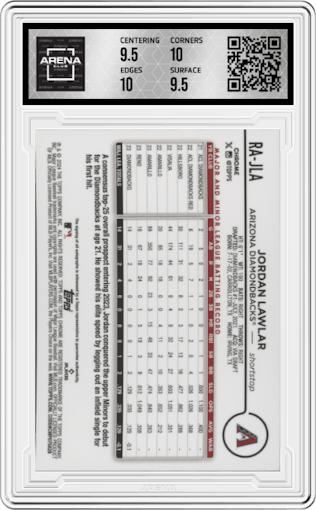 Jordan Lawlar from the 2024 Topps Chrome set graded by Arena Club and given an overall grade of 10.