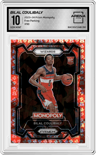 Bilal Coulibaly from the 2023-24 Panini Prizm Monopoly set featuring a Free Parking parallel graded by Arena Club and given an overall grade of 10.