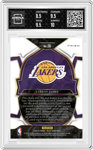 LeBron James from the 2022-23 Panini Select set featuring a Green Shock parallel graded by Arena Club and given an overall grade of 9.