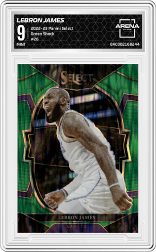 LeBron James from the 2022-23 Panini Select set featuring a Green Shock parallel graded by Arena Club and given an overall grade of 9.