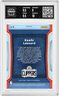 Kawhi Leonard from the 2020-21 Panini Donruss Optic set featuring a Gold Wave parallel graded by Arena Club and given an overall grade of 9.5.