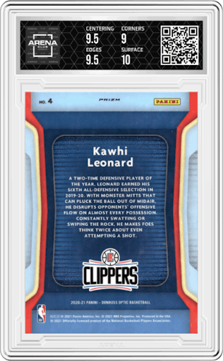 Kawhi Leonard from the 2020-21 Panini Donruss Optic set featuring a Gold Wave parallel graded by Arena Club and given an overall grade of 9.5.