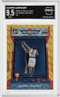 Kawhi Leonard from the 2020-21 Panini Donruss Optic set featuring a Gold Wave parallel graded by Arena Club and given an overall grade of 9.5.