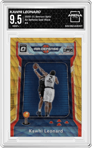 Kawhi Leonard from the 2020-21 Panini Donruss Optic set featuring a Gold Wave parallel graded by Arena Club and given an overall grade of 9.5.