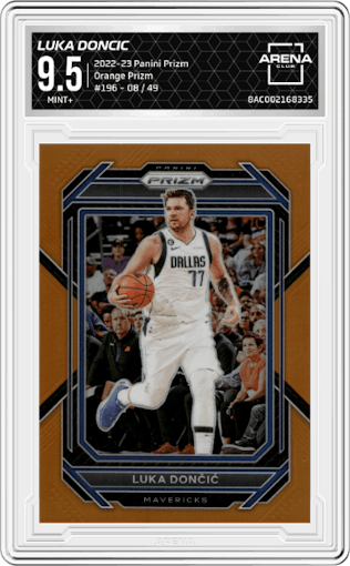 Luka Doncic from the 2022-23 Panini Prizm  set featuring a Orange Prizm parallel graded by Arena Club and given an overall grade of 9.5.