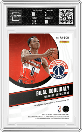 Bilal Coulibaly from the 2023-24 Panini Revolution set graded by Arena Club and given an overall grade of 9.5.