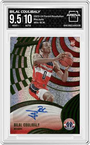 Bilal Coulibaly from the 2023-24 Panini Revolution set graded by Arena Club and given an overall grade of 9.5.