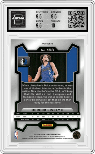 Dereck Lively II from the 2023-24 Panini Prizm set featuring a Fast Break parallel graded by Arena Club and given an overall grade of 10.