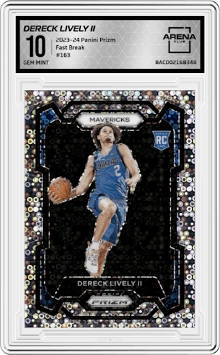 Dereck Lively II from the 2023-24 Panini Prizm set featuring a Fast Break parallel graded by Arena Club and given an overall grade of 10.