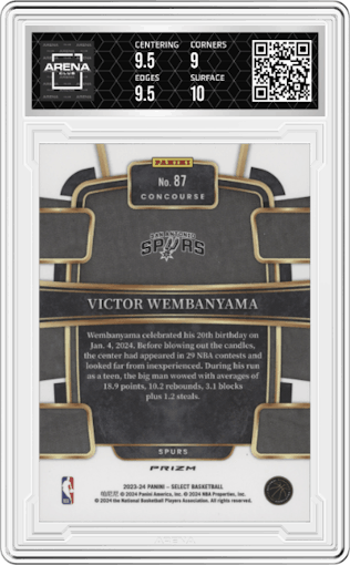 Victor Wembanyama from the 2023-24 Panini Select  set featuring a Blue Prizm parallel graded by Arena Club and given an overall grade of 9.5.